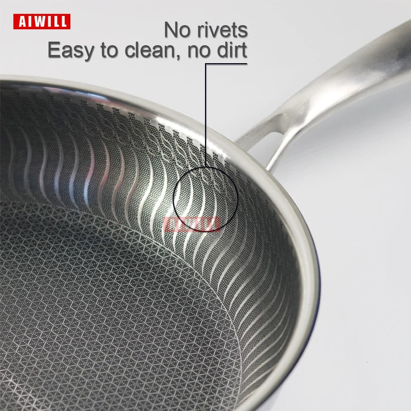 AIWILL Kitchen Quality 316 /304 Stainless Steel Frying Pan Nonstick Pan Cooking Fried Steak Pot Electromagnetic Furnace General
