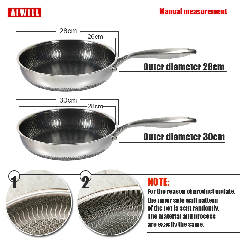 AIWILL Kitchen Quality 316 /304 Stainless Steel Frying Pan Nonstick Pan Cooking Fried Steak Pot Electromagnetic Furnace General