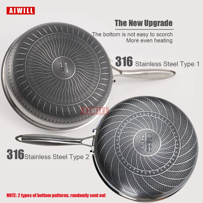 AIWILL Kitchen Quality 316 /304 Stainless Steel Frying Pan Nonstick Pan Cooking Fried Steak Pot Electromagnetic Furnace General