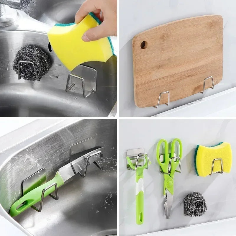 1-6pcs Kitchen Stainless Steel Sink Sponges Holder Self Adhesive Drain Drying Rack Shelf Household Wall Hooks Storage Organizer