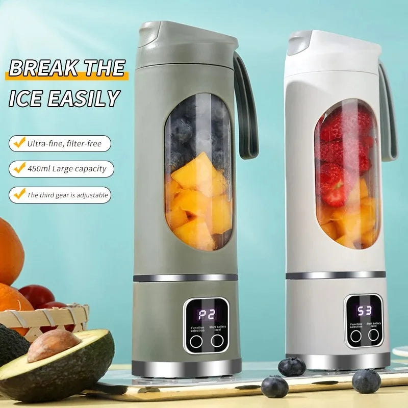 10 Blades Portable Fruit Juicer 450ml Capacity 3 Gears USB Rechargeable Blender Ice Crusher for Shakes and Smoothies Juicer Cup